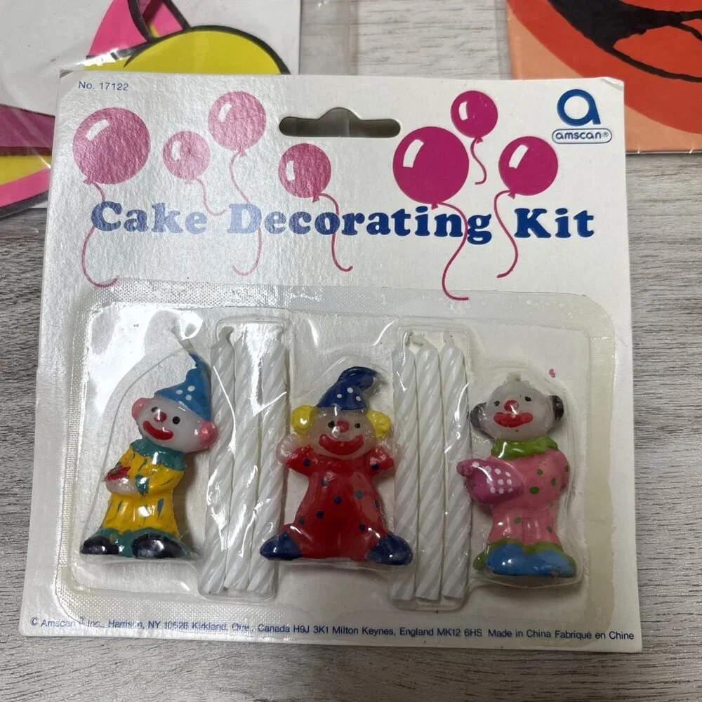 Vtg Birthday Party Supplies Clown Cake Toppers Game Cloth Honeycomb Centerpiece